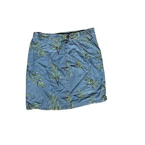 Boho Chambray Denim Skirt Embroidered Bamboo Leaves Size L Art to Wear